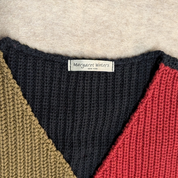 Colorblock Knit Cotton Vest Margaret Winters Size Small (Oversized) Tan & Red - Picture 2 of 8